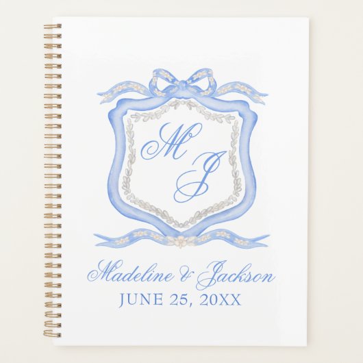Waterverf Designer Blauw Monogram Crest Bruiloft Planner (Voorkant)