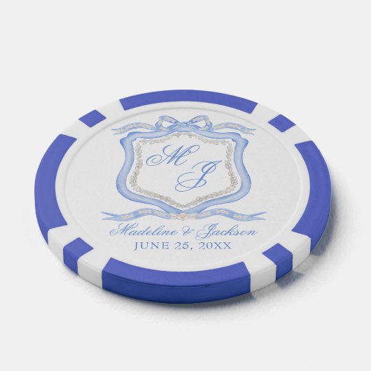 Waterverf Designer Blauw Monogram Crest Bruiloft Poker Chips (Enkel)
