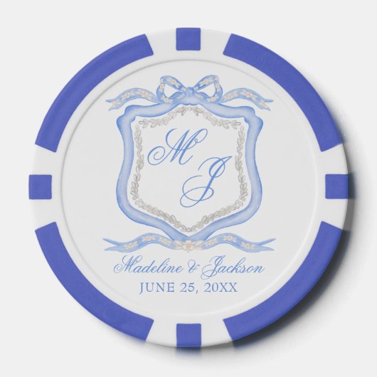 Waterverf Designer Blauw Monogram Crest Bruiloft Poker Chips (Voorkant)