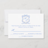 Waterverf Designer Blauw Monogram Crest Bruiloft RSVP Kaartje (Voorkant)
