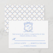 Waterverf Designer Blauw Monogram Crest Bruiloft RSVP Kaartje (Voorkant / Achterkant)