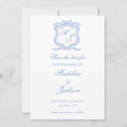 Waterverf Designer Blauw Monogram Crest Bruiloft Save The Date (Voorkant)
