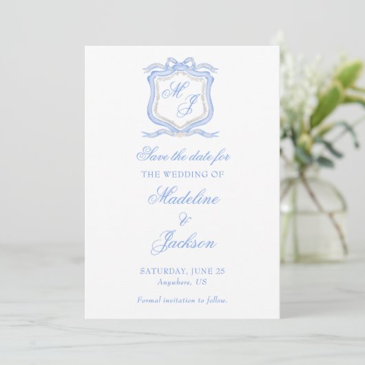 Waterverf Designer Blauw Monogram Crest Bruiloft Save The Date (Staand voorkant)