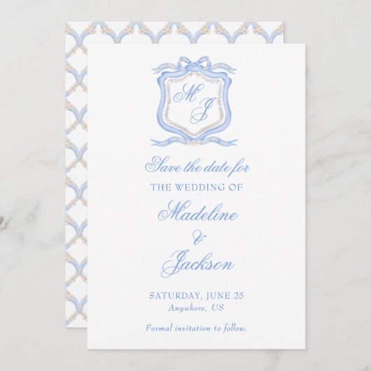 Waterverf Designer Blauw Monogram Crest Bruiloft Save The Date (Voorkant / Achterkant)