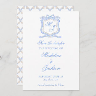 Waterverf Designer Blauw Monogram Crest Bruiloft Save The Date