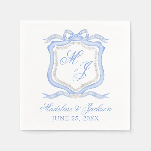 Waterverf Designer Blauw Monogram Crest Bruiloft Servet (Voorkant)