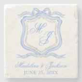 Waterverf Designer Blauw Monogram Crest Bruiloft Stenen Onderzetter (Voorkant)