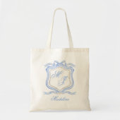 Waterverf Designer Blauw Monogram Crest Bruiloft Tote Bag (Voorkant)