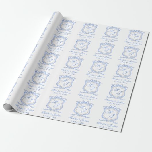 Waterverf Designer Blauw Monogram Crest Cadeaupapier (Uitgerold)