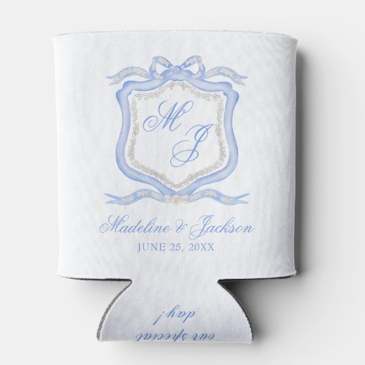 Waterverf Designer Blauw Monogram Crest Favor Blikjeskoeler (Achterkant)