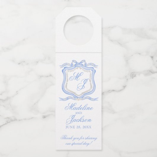 Waterverf Designer Blauw Monogram Crest Flessenhanger (Voorkant)