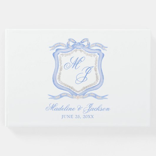 Waterverf Designer Blauw Monogram Crest Gastenboek (Voorkant)