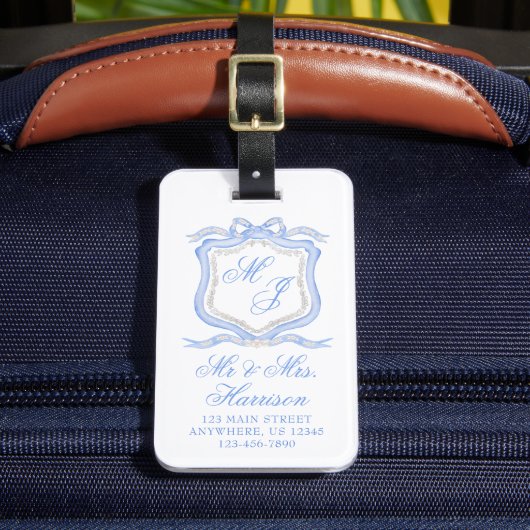 Waterverf Designer Blauw Monogram Crest Honeymoon Bagagelabel (Voorkant Insitu 2)