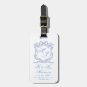 Waterverf Designer Blauw Monogram Crest Honeymoon Bagagelabel (Voorkant verticaal)