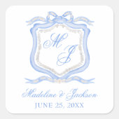 Waterverf Designer Blauw Monogram Crest Vierkante Sticker (Voorkant)