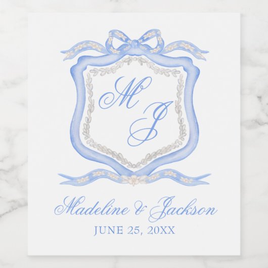 Waterverf Designer Blauw Monogram Crest Wijn Etiket (Enkel label)