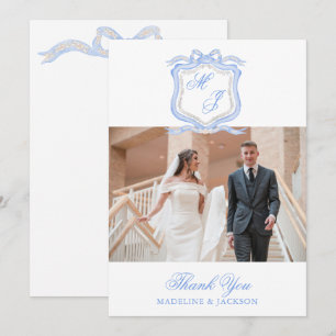 Waterverf Designer Blauw Monogram Foto Bedankkaart