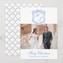 Waterverf Designer Blauw Monogram Kerst Foto Feestdagenkaart