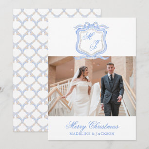 Waterverf Designer Blauw Monogram Kerst Foto Feestdagenkaart