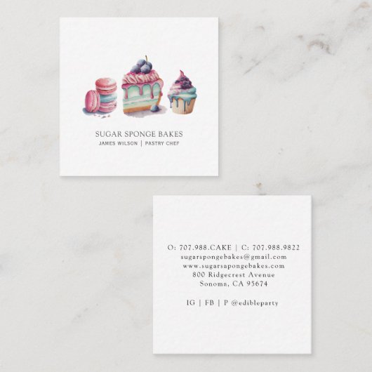 Waterverf desserts Pastry Chef Baker Vierkante Visitekaartje (Voorkant / Achterkant)
