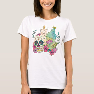 Waterverf Dia de los Muertos-schedel, kaars, drank T-shirt