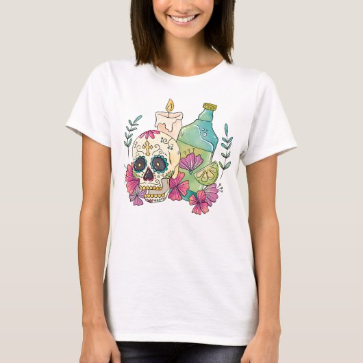Waterverf Dia de los Muertos Schedel, Kaars, Drink T-shirt (Voorkant)