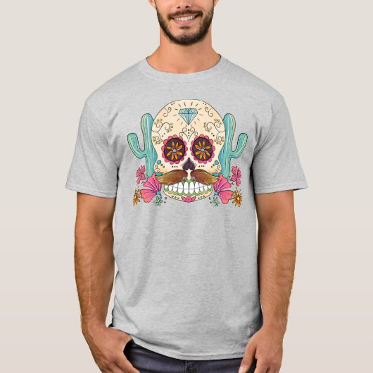 Waterverf Dia de los Muertos Skull & Cactus T-shirt (Voorkant)