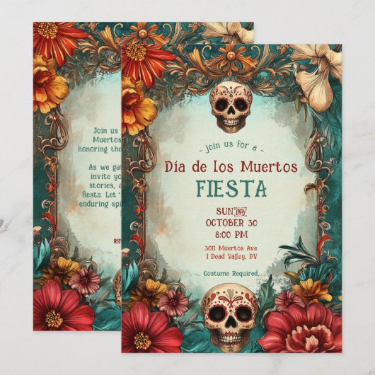 💀 Waterverf Día de Muertos Feestuitnodiging Kaart (Voorkant / Achterkant)