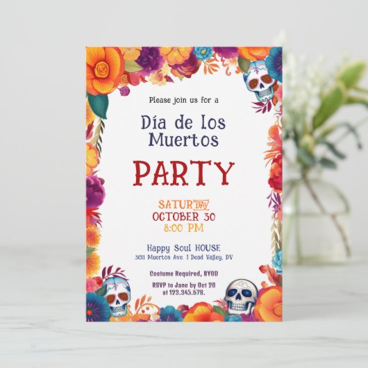 💀 Waterverf Día de Muertos Feestuitnodiging Kaart (Staand voorkant)