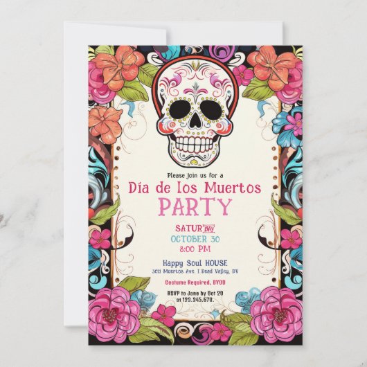 💀 Waterverf Día de Muertos Feestuitnodiging Kaart (Voorkant)