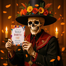 💀 Waterverf Día de Muertos Feestuitnodiging Kaart