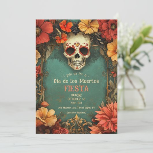 💀 Waterverf Día de Muertos Feestuitnodiging Kaart (Staand voorkant)