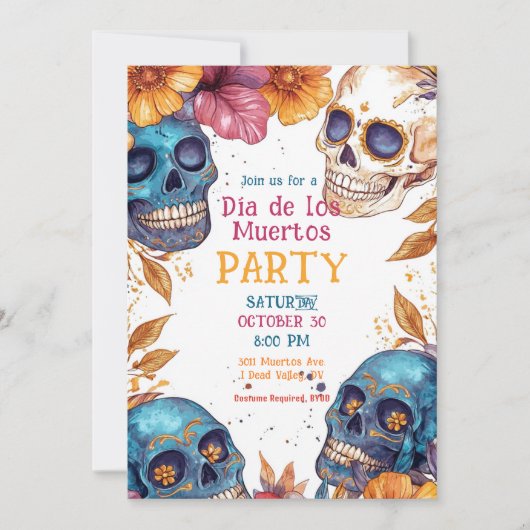 💀 Waterverf Día de Muertos Party Invitation Kaart (Voorkant)