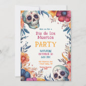 💀 Waterverf Día de Muertos Party Invitation Kaart (Voorkant)