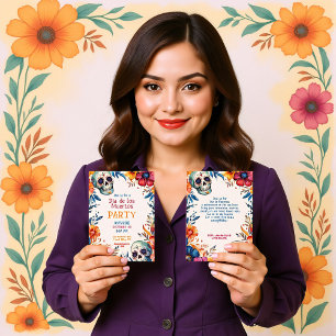 💀 Waterverf Día de Muertos Party Invitation Kaart
