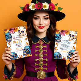 💀 Waterverf Día de Muertos Party Invitation Kaart
