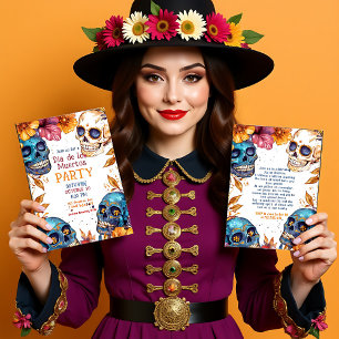 💀 Waterverf Día de Muertos Party Invitation Kaart