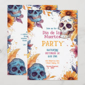 💀 Waterverf Día de Muertos Party Invitation Kaart (Voorkant / Achterkant)