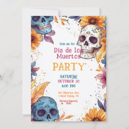 💀 Waterverf Día de Muertos Party Invitation Kaart