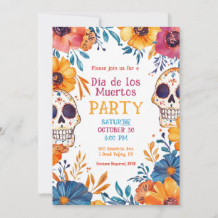 💀 Waterverf Día de Muertos Party Invitation Kaart