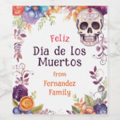💀 Waterverf Día de Muertos Party Wijn Etiket (Enkel label)