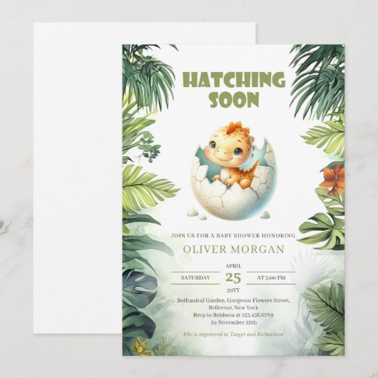 Waterverf die snel uitkomt Dinosaurus baby shower Kaart (Voorkant / Achterkant)