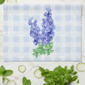 Waterverf Diepblauwe Delphinium Lichtblauwe Gingha Theedoek (Gevouwen)