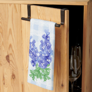 Waterverf Diepblauwe Delphinium Lichtblauwe Gingha Theedoek
