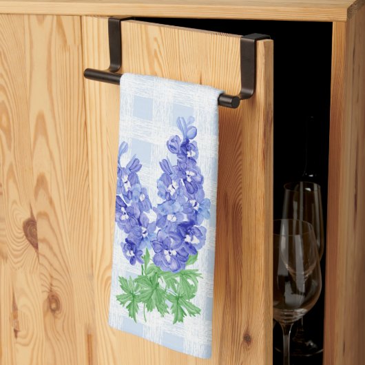 Waterverf Diepblauwe Delphinium Lichtblauwe Gingha Theedoek (Derde Gevouwen)