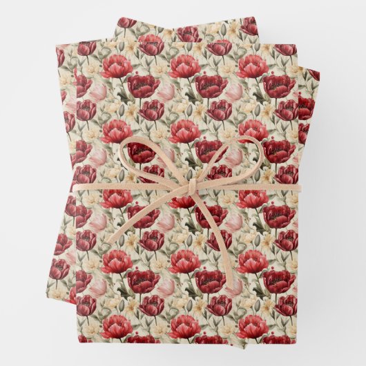 Waterverf dieprode blush tulpen Narcissus Spring Inpakpapier Vel (In situ)