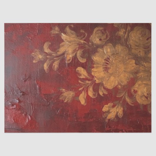 Waterverf Dieprode Bourgogne Maroon goudbloemen Tissuepapier (Voorkant)