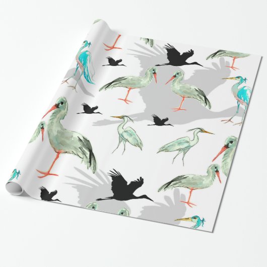Waterverf dieren - Heron, vogels, blauw, groen Cadeaupapier (Uitgerold)