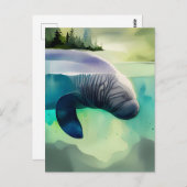 Waterverf Dieren, Manatee, Postcrossing Briefkaart (Voorkant / Achterkant)
