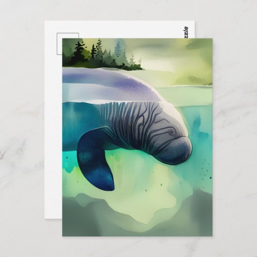 Waterverf Dieren, Manatee, Postcrossing Briefkaart (Voorkant / Achterkant)